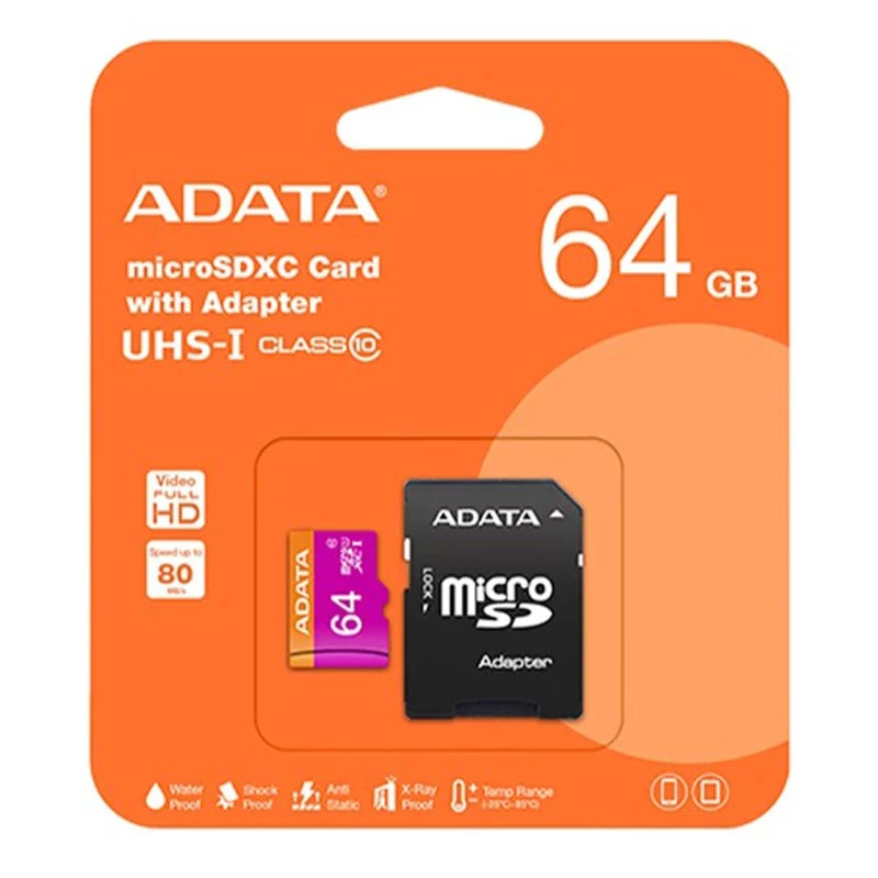 کارت حافظه microSDXC ای دیتا مدل Premier کلاس 10 استاندارد UHS-I U1 سرعت 80MBps ظرفیت 64 گیگابایت به همراه آداپتور SD(پ)