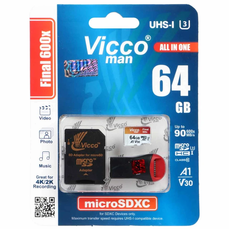 کارت حافظه microSDXC ویکو من مدل Final 600X کلاس 10 استاندارد UHS-I U3 سرعت 90MBps ظرفیت 64گیگابایت همراه با کارت خوان(پ)