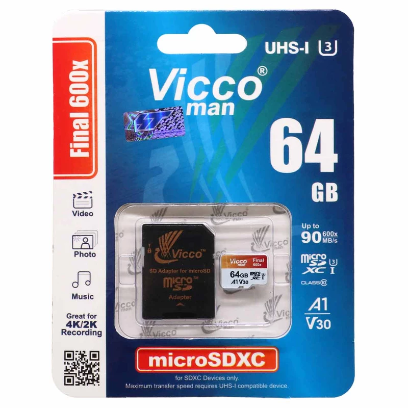 کارت حافظه microSDXC ویکومن مدل 600x plus کلاس 10 استاندارد UHS-I U3 A1 V30 سرعت 90MBs ظرفیت 64 گیگابایت به همراه آداپتور SD(پ)